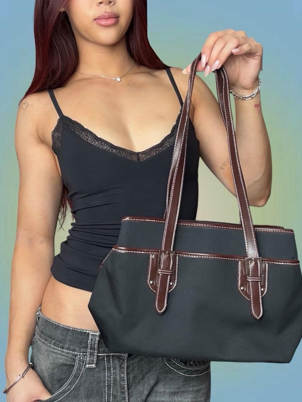 Classic Black Tote Bag with Brown Trim - Women's Shoulder Bag